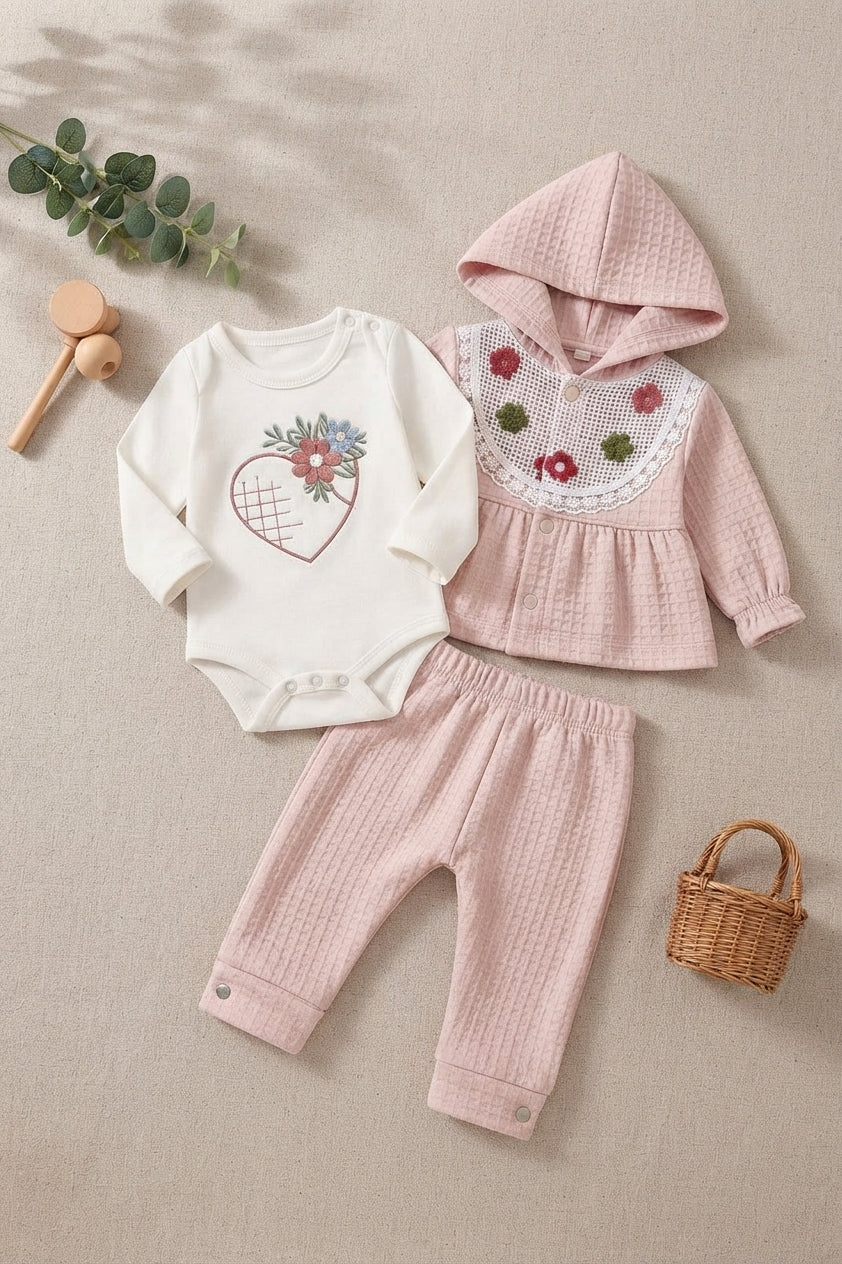 Imported Turkish Baby Girl Beige Waffle Textured Jacket And Trousers Outfit Set