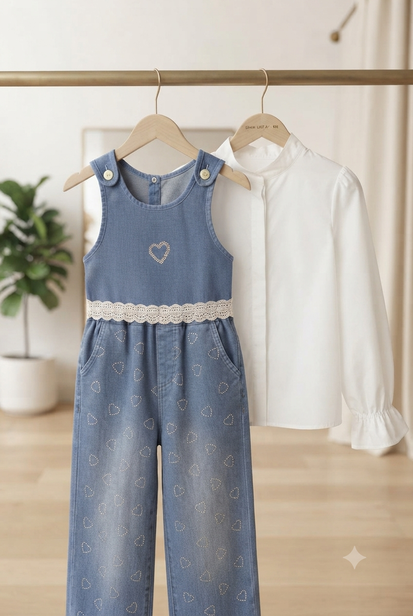 Trendy Kids Denim Vest And Pants Set With Elegant White Shirt For Smart Casual Look