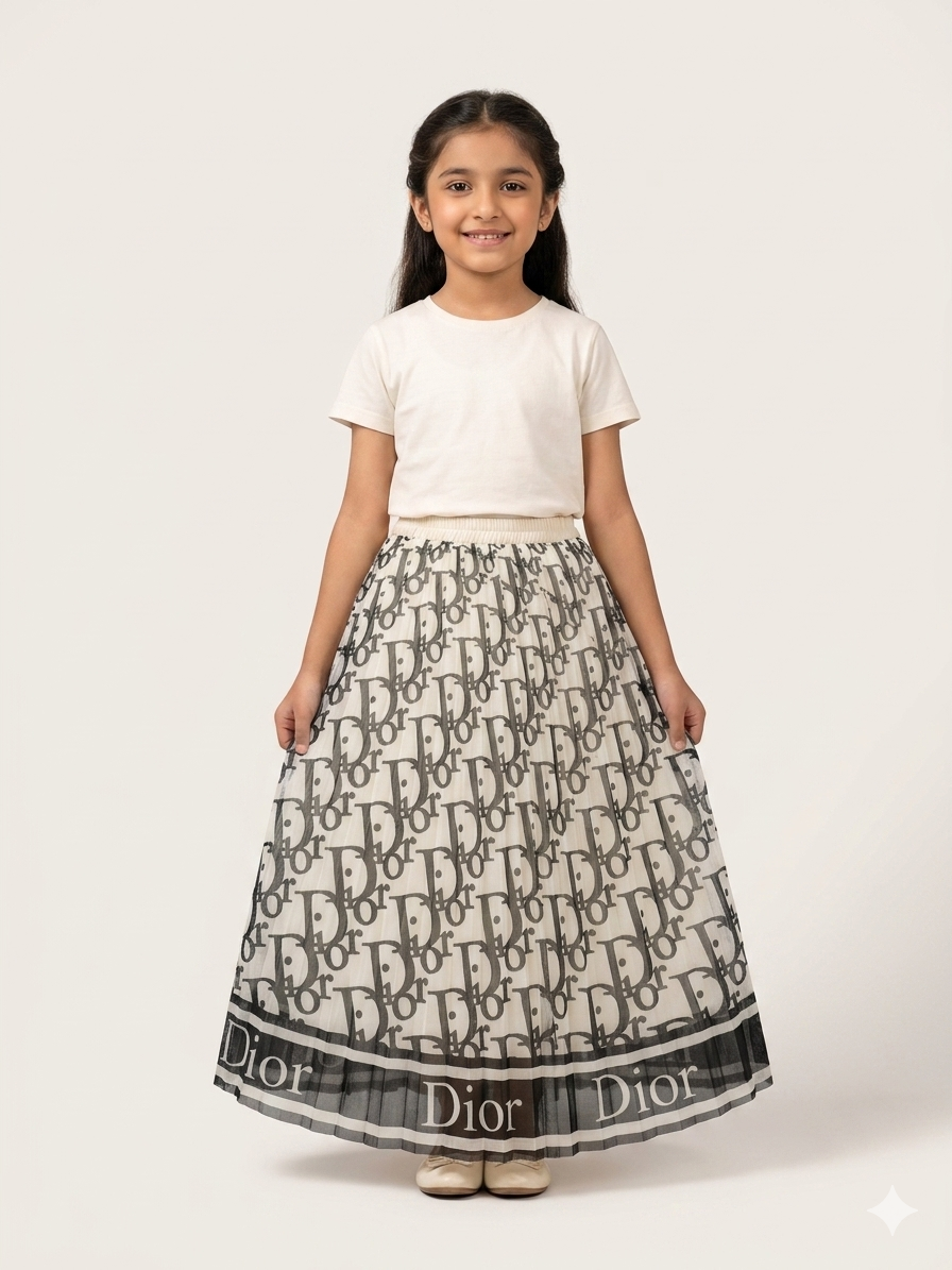 Girls Authentic Dior Monogram Pleated Long Skirt - Luxury Designer Kids Fashion