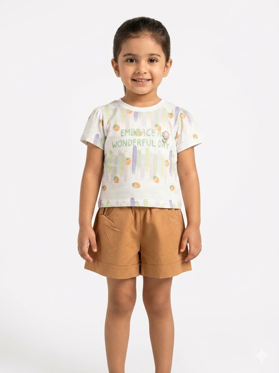 Comfortable Peach Shorts With Printed Top For Stylish Baby Girls Premium Casual Summer Outfit