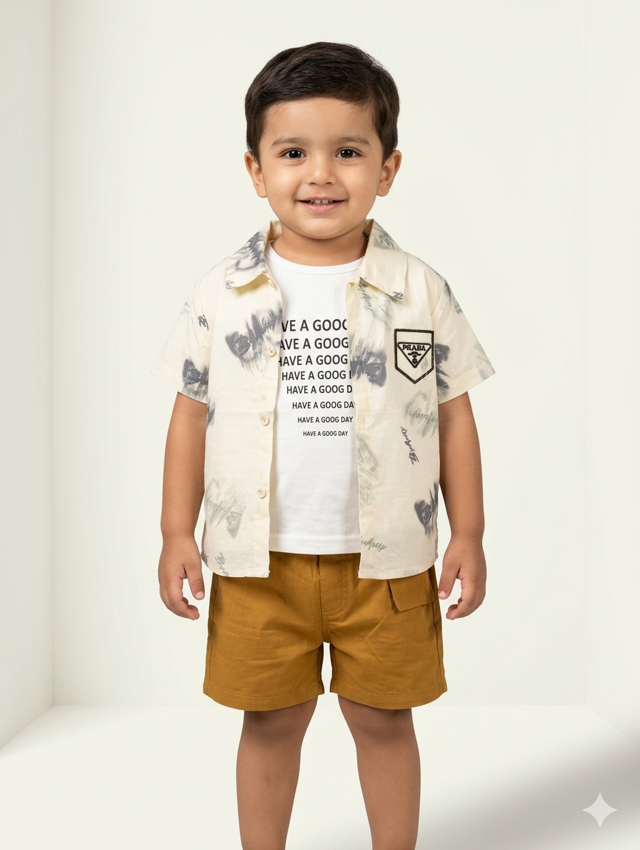 Stylish Boys' Three-Piece Cotton Shirt, Graphic Tee, and Cargo Shorts Set in Mustard and Cream