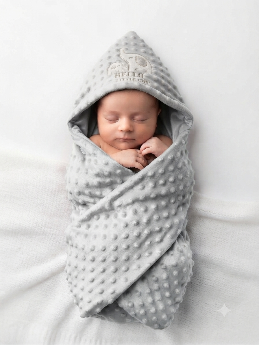 Soft Plush Newborn Swaddle Blanket With Elephant Hood Hello Little One Embroidery Detail