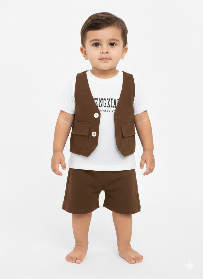 Toddler Boy Formal Three-Piece Vest Set - Graphic Tee, Waistcoat, and Tailored Shorts Outfit
