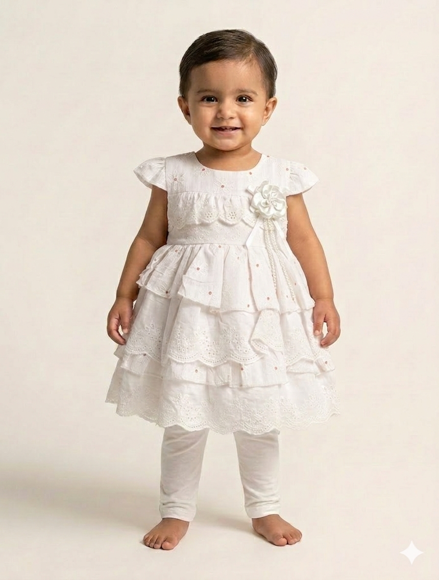 Adorable Toddler Girl Layered Eyelet Lace Party Dress in Classic White and Soft Pink