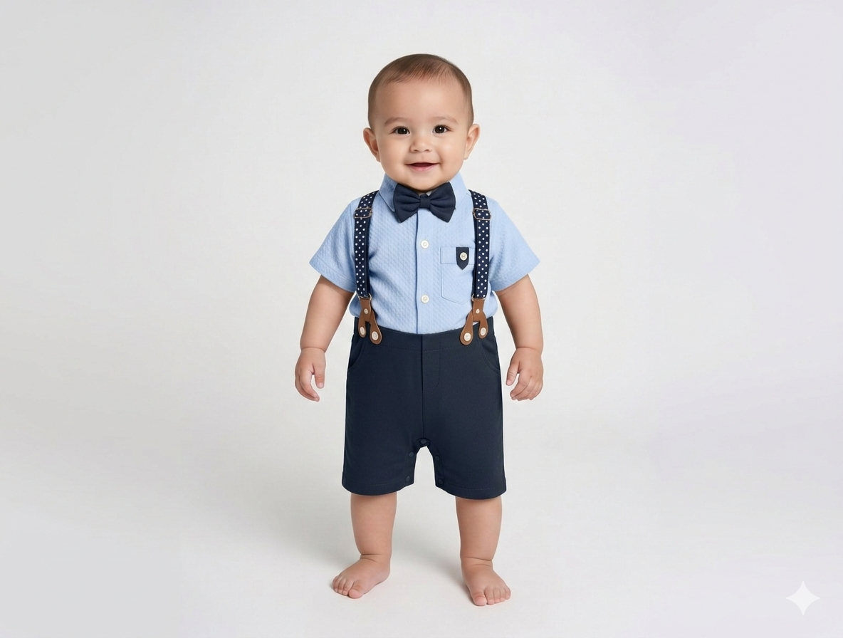 Baby Boy Formal Suspender Romper Set with Bow Tie and Polka Dot Star Accents