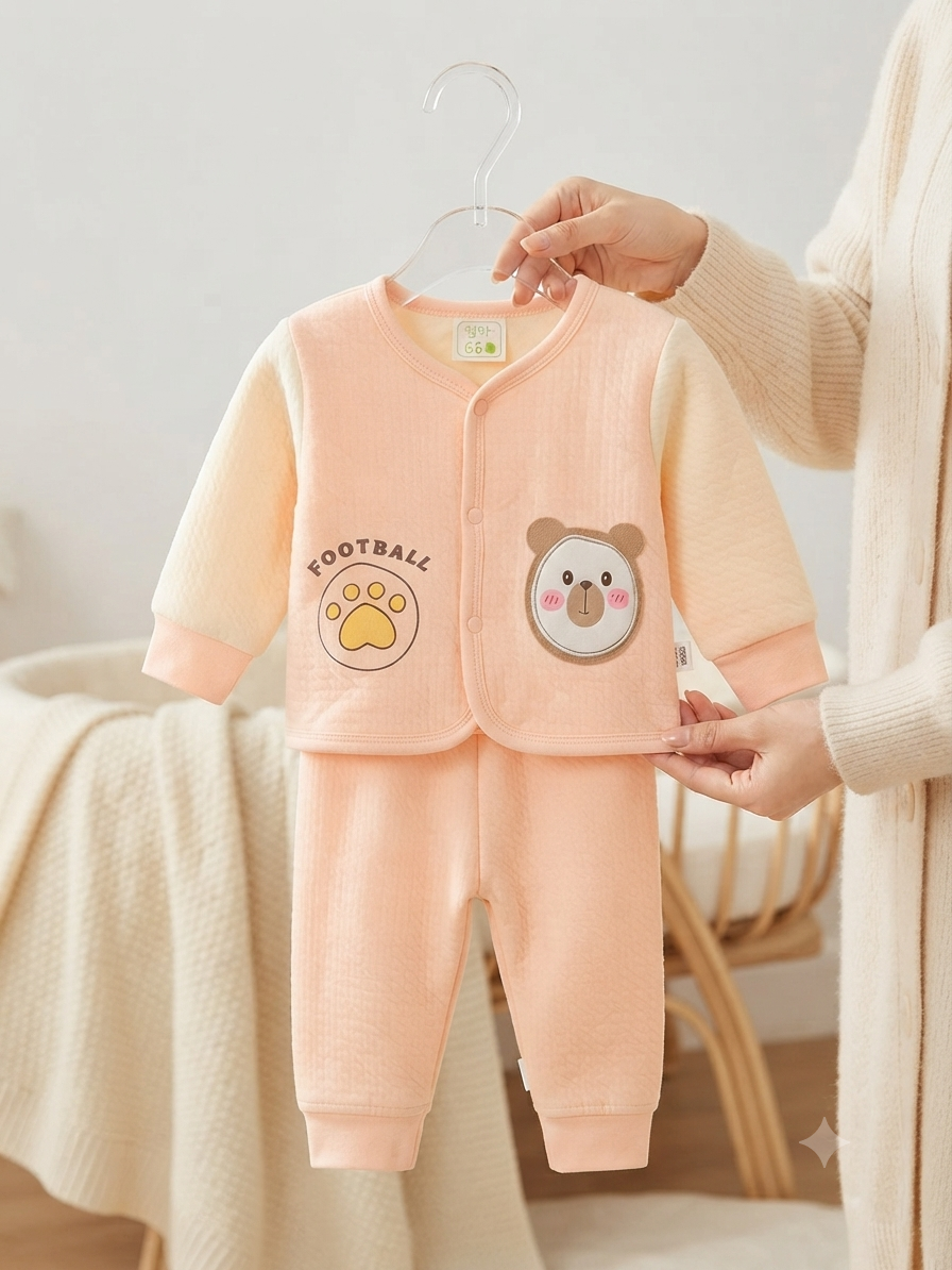 Cute Baby Bear Print Cotton Thermal Top and Bottom Clothing Set