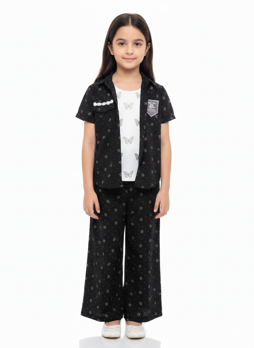 Chic Girls' Geometric Print 2-Piece Co-ord Set with Short Sleeve Shirt and Wide-Leg Trousers