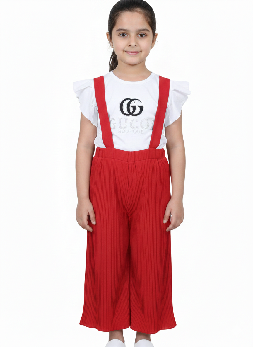 Girls' Trendy Ruffle Sleeve Graphic Tee and Pleated Wide-Leg Suspender Culotte Two-Piece Set