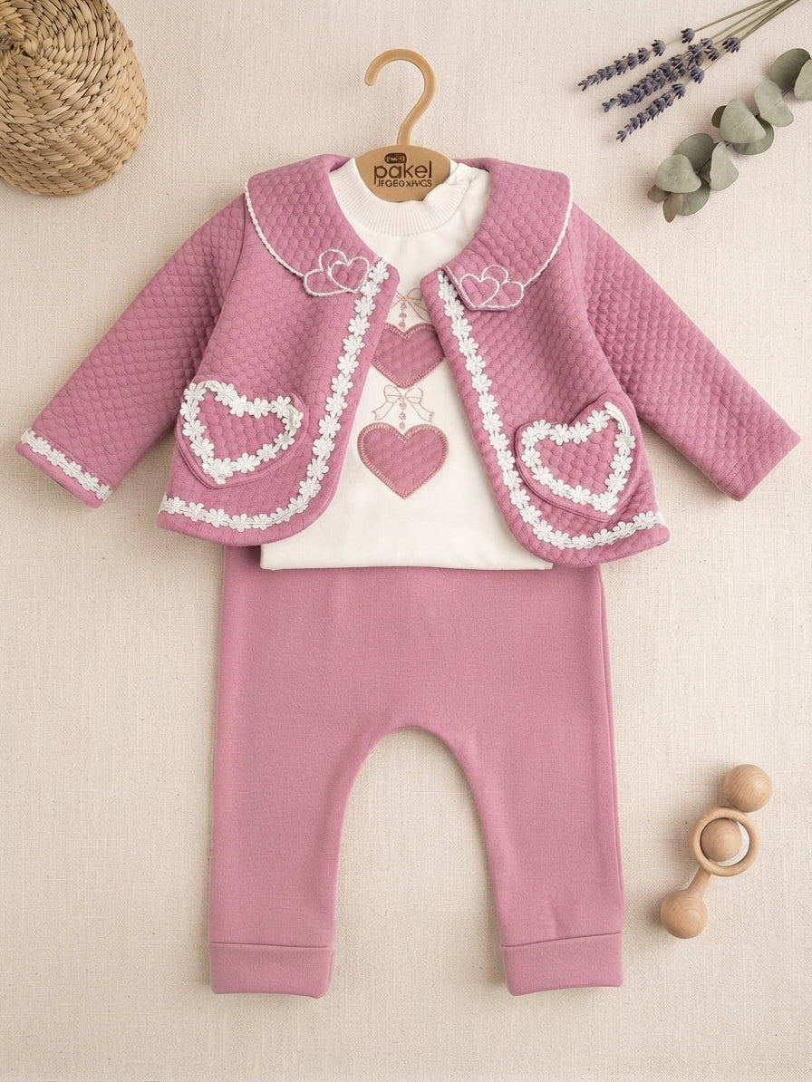 Imported Turkish Baby Girl Quilted Heart Jacket Bodysuit And Trousers Outfit Set