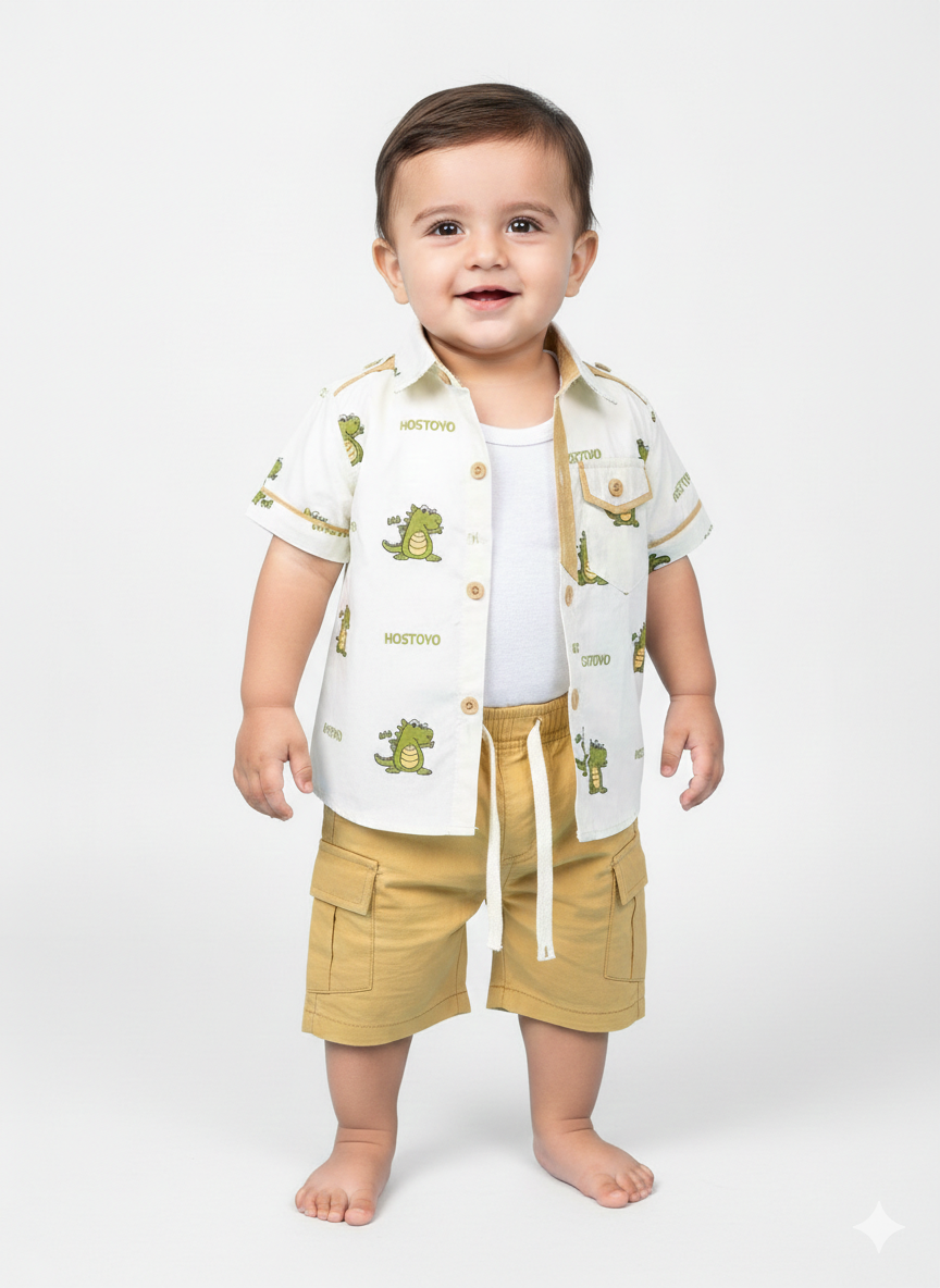 Baby Boys Three Piece Big Dino Set Printed Button Shirt White Inner Tee Shorts