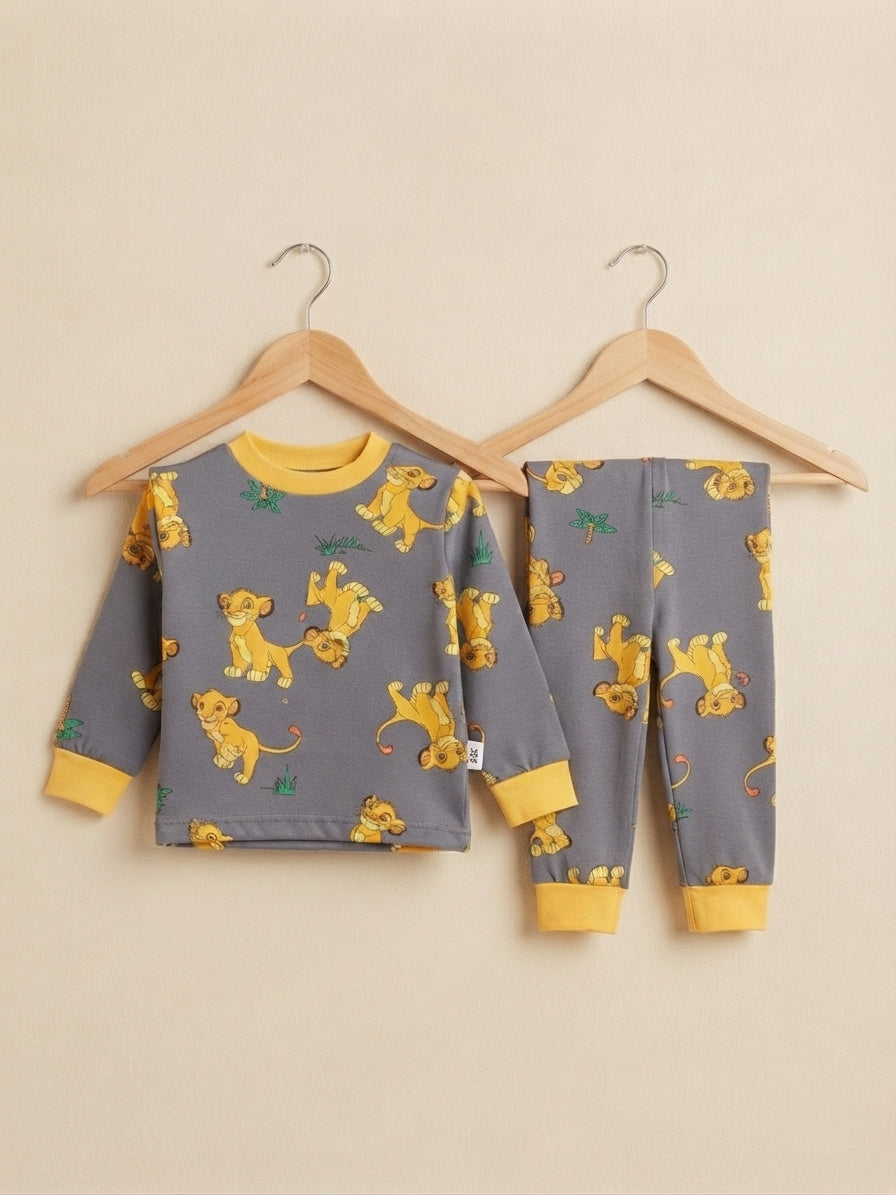 Soft Grey Cotton Baby Sleepwear Set Featuring Cute Lion Character Print For Toddlers
