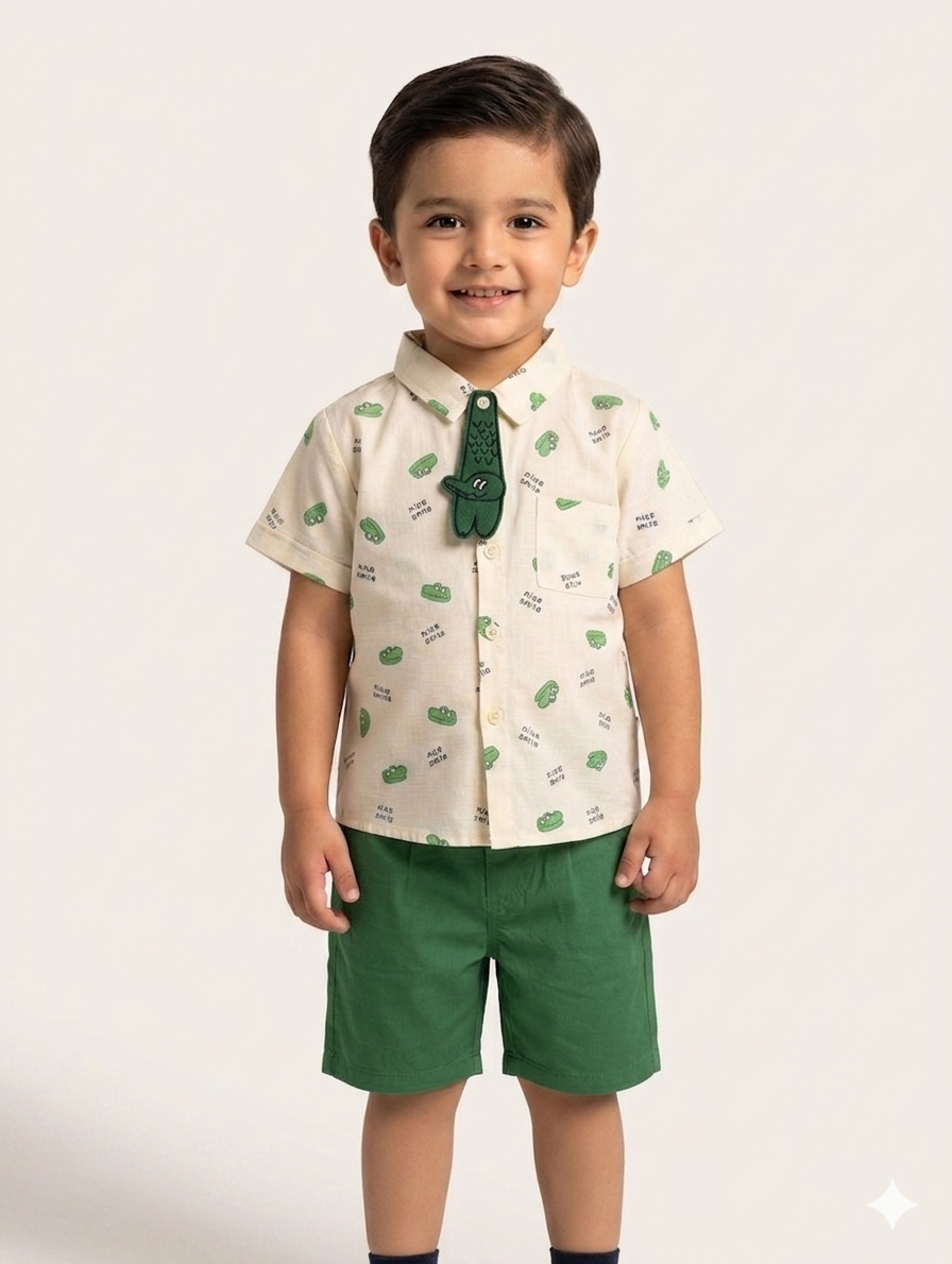 Toddler Boys Short Sleeve Animal Print Shirt and Shorts Set with Cute Character Tie Detail