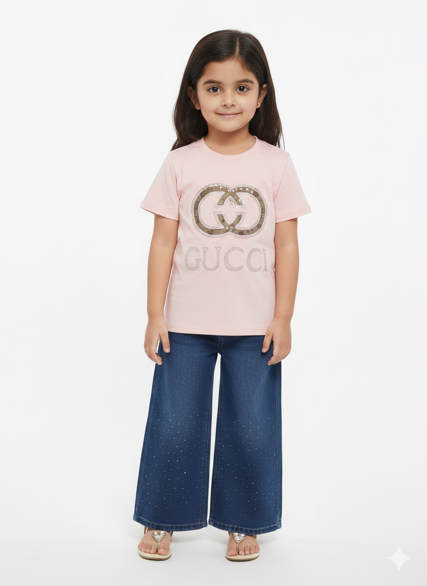 Designer Inspired Girls Pink Logo T-Shirt and Sparkling Wide Leg Denim Jeans Two-Piece Set