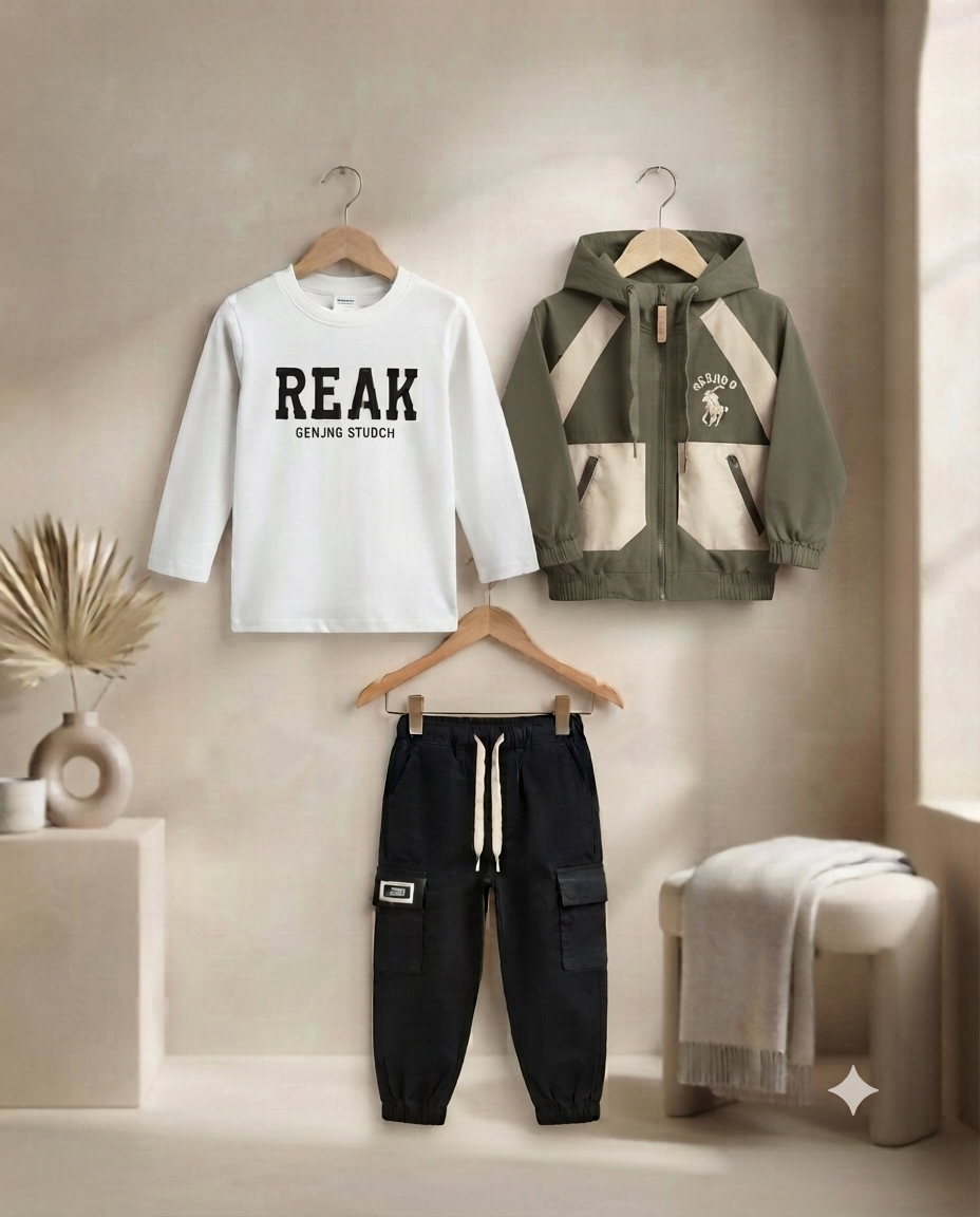 Stylish Boys Three Piece Clothing Set Featuring Long Sleeve Tee Jacket And Cargo Pants