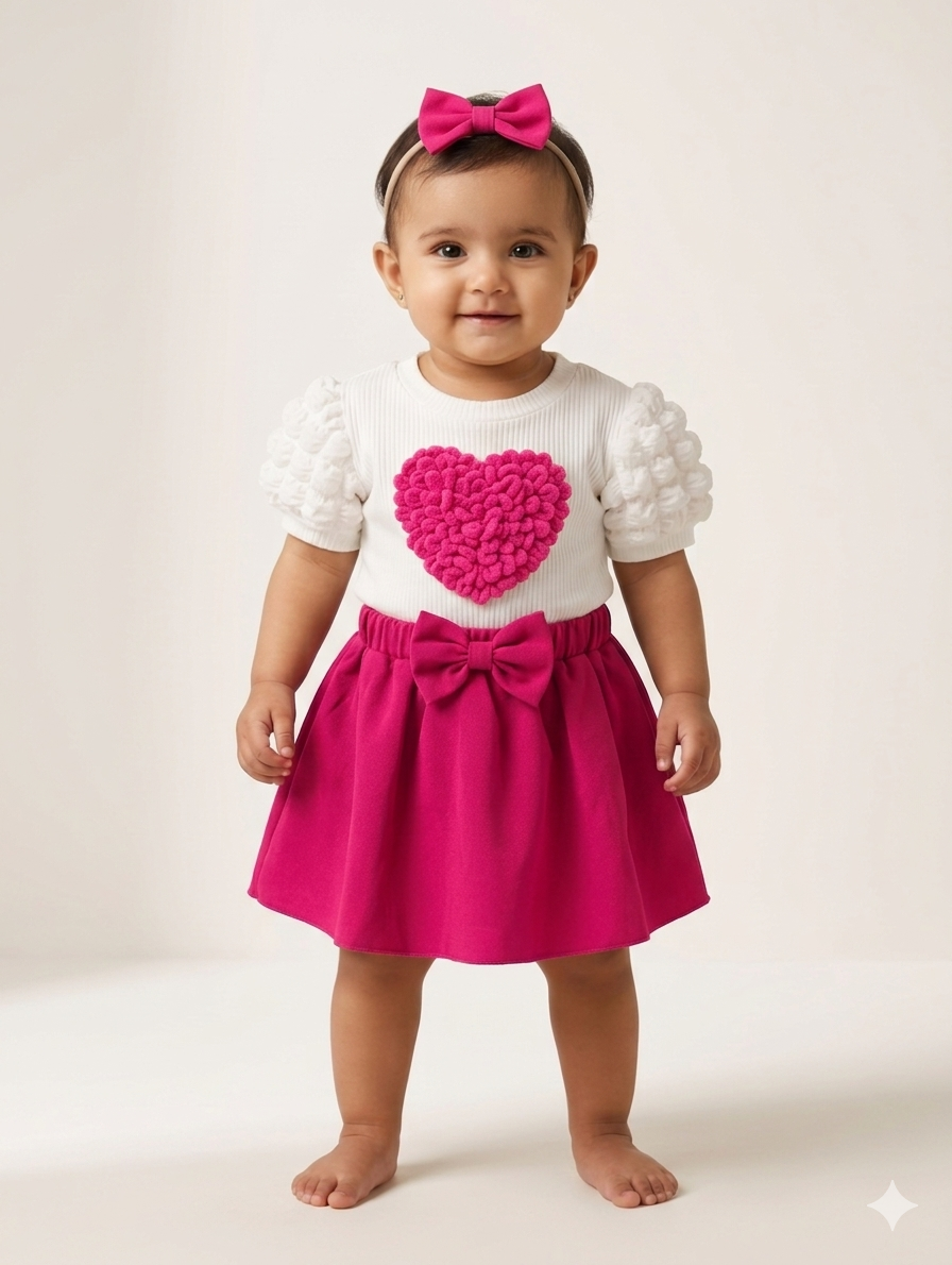 Toddler Girls Textured Heart Top and Bow Skirt Set in Red, Pink, and Brown