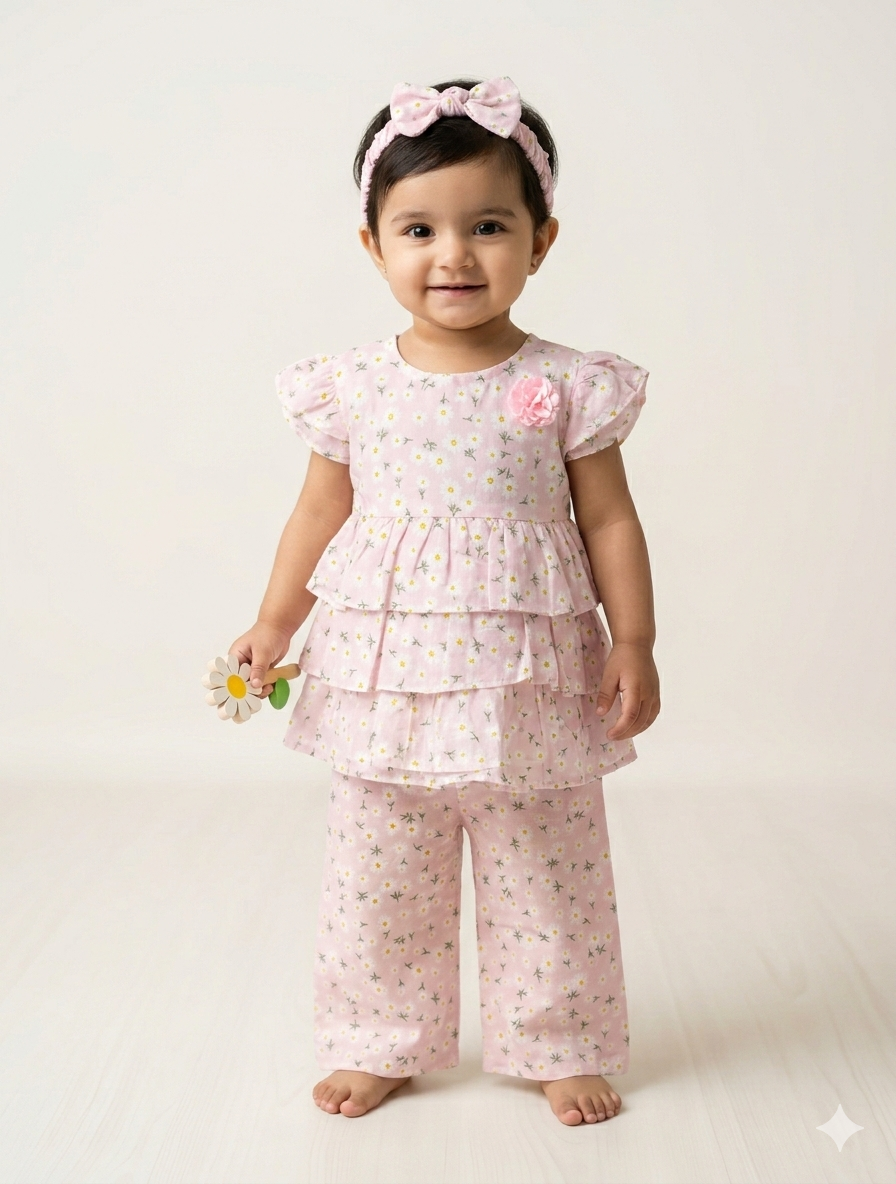 Adorable Three Piece Floral Daisy Tiered Ruffle Tunic and Pants Set with Matching Headband