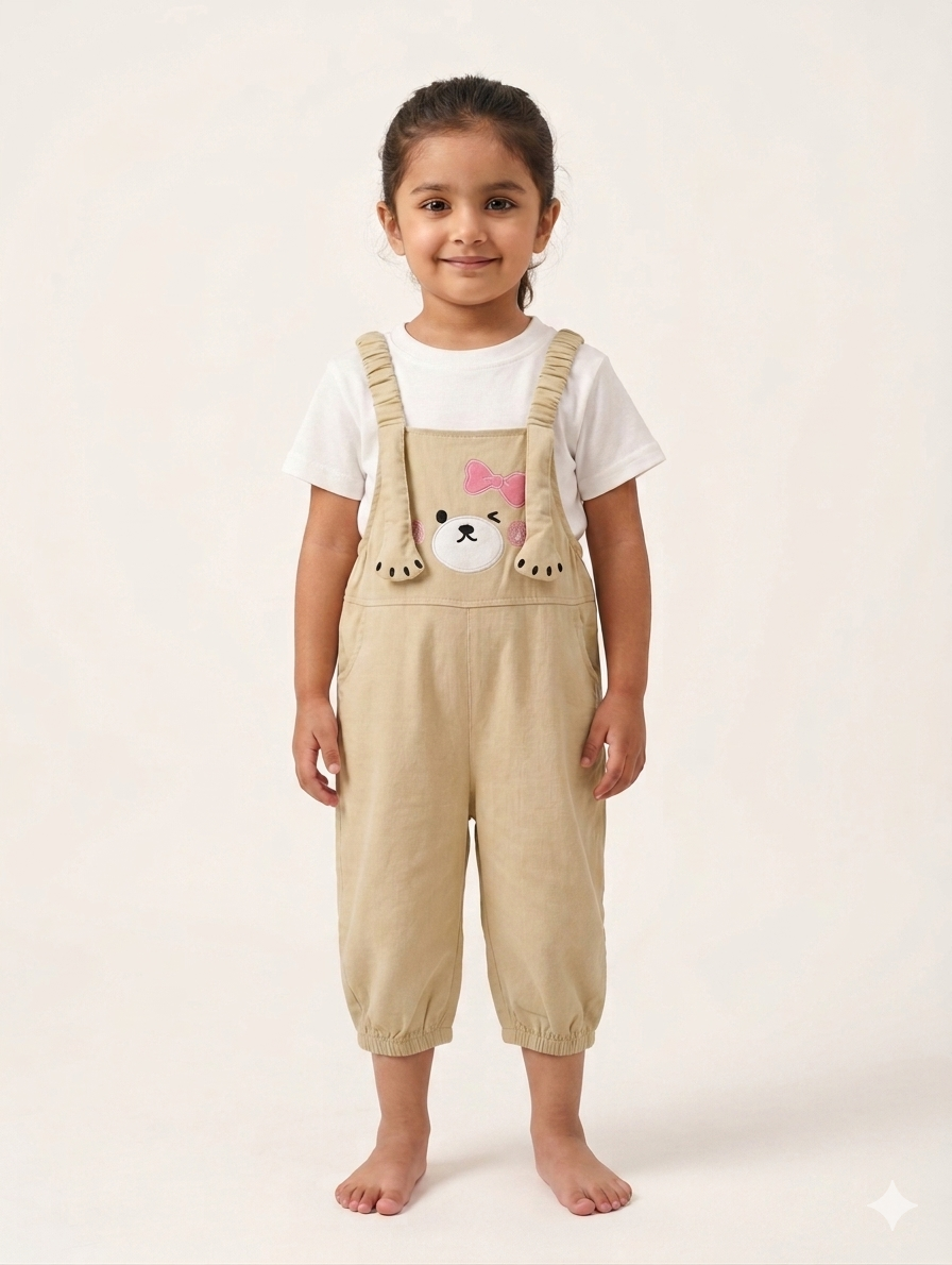 Adorable Girls Bear Face Dungaree Set With Pink Bow Detail And Comfortable White Cotton Tee