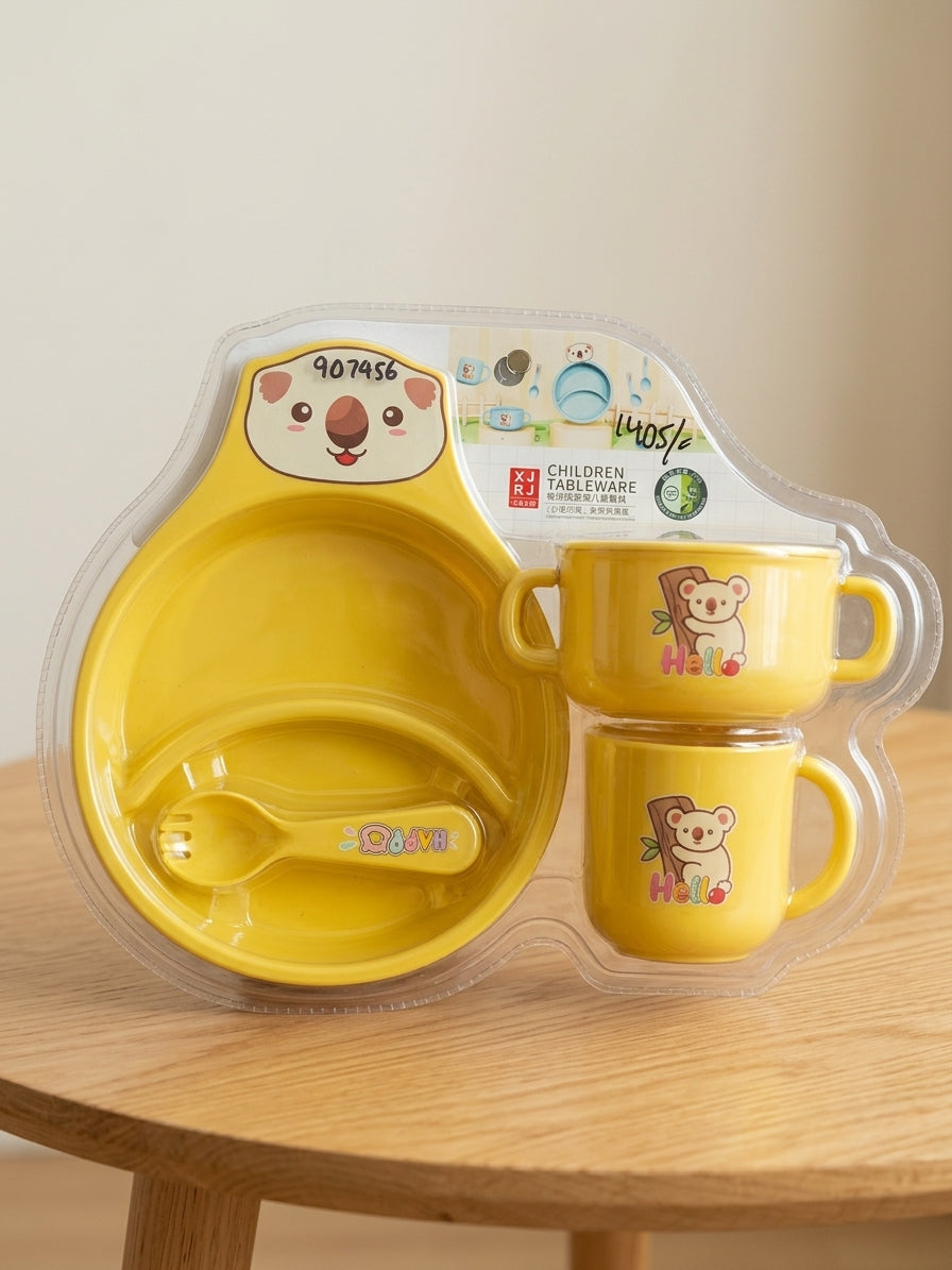 Kids Stainless Steel Compartment Feeding Set Cute Koala Plate Bowl Cup Spoon Set