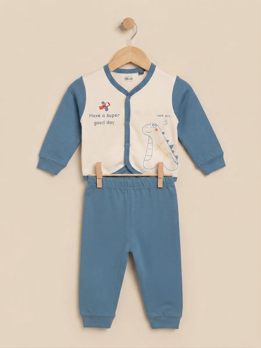 Cute Baby Cotton Full Sleeves Cardigan And Trouser Clothing Set For Daily Wear