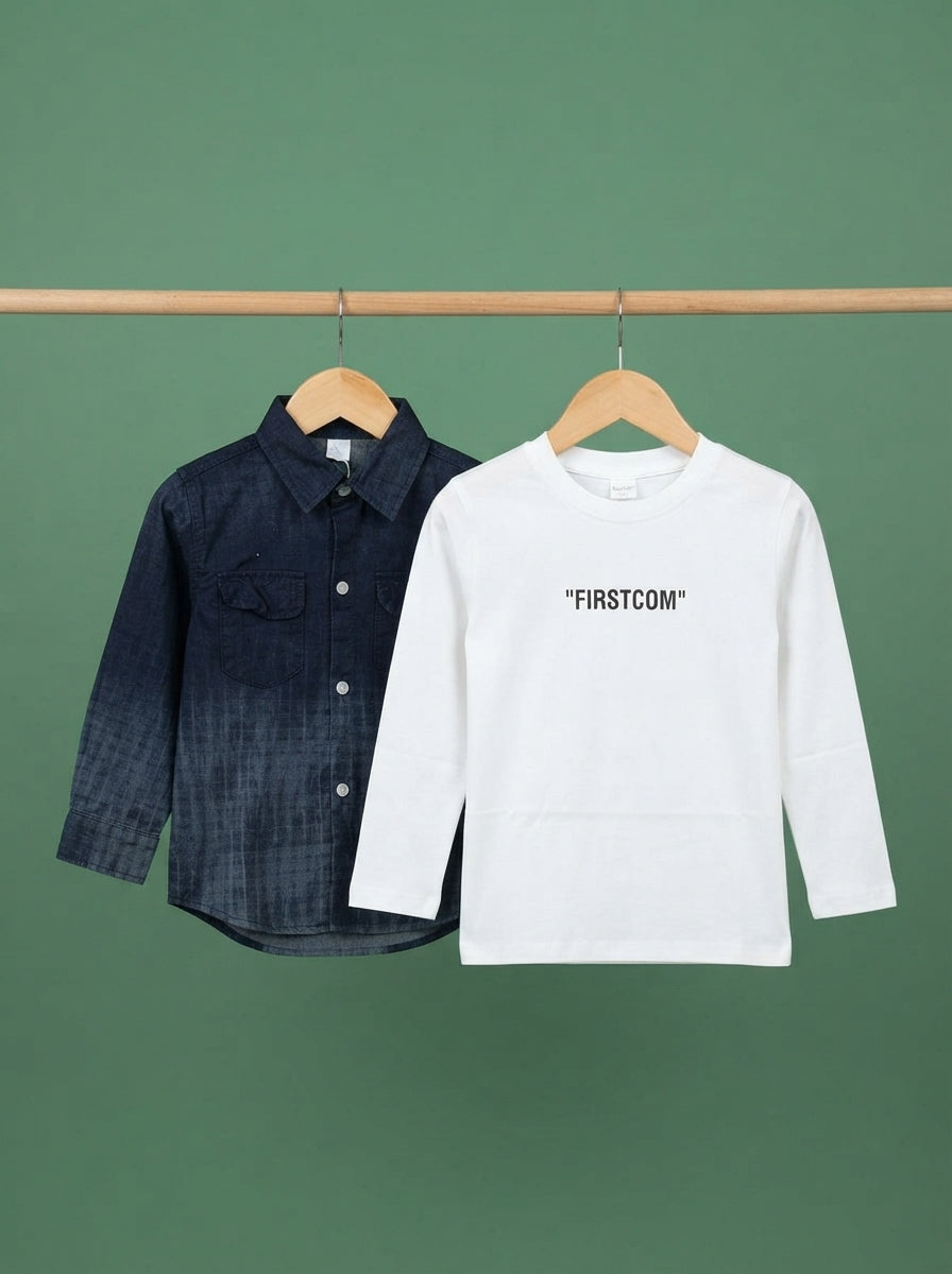 Boys Two Piece Set Black And Blue Ombre Button Down Shirts With White Tee