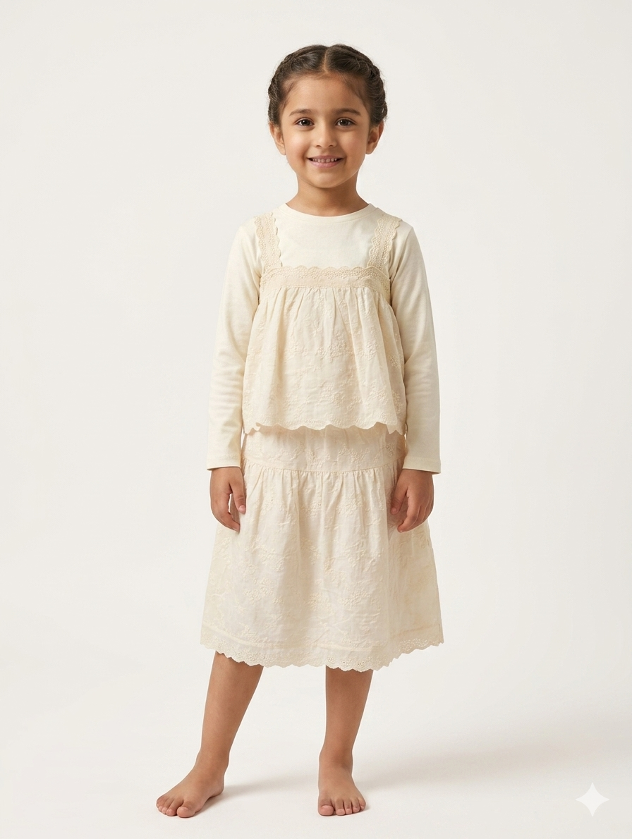 Elegant Girl's Three-Piece Eyelet Lace Top and Skirt Set with Long Sleeve Inner Shirt