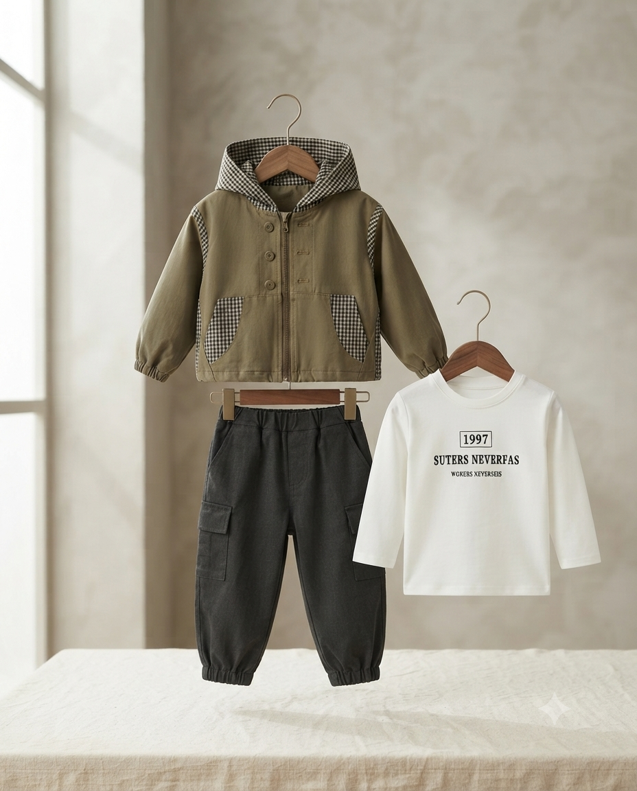 Trendy Boys Hooded Jacket T-shirt and Cargo Pant Set for Comfortable Daily Wear