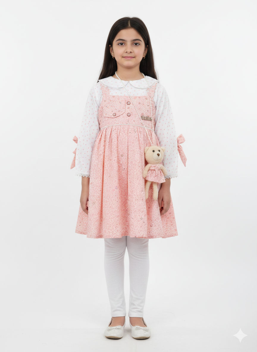 Elegant Mint Green Floral Pinafore Set with Matching Teddy Bear Purse for Young Girls