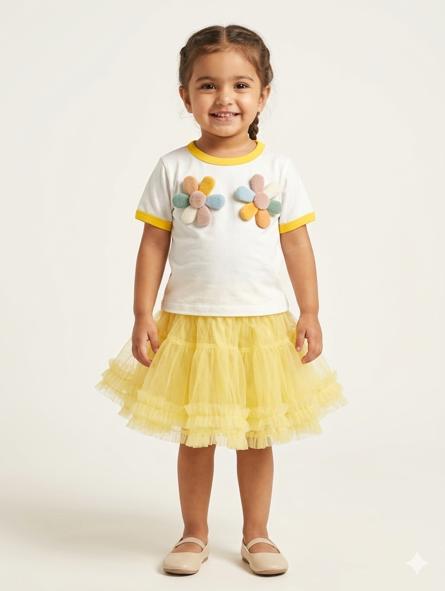 Toddler Girls' White Daisy Patch T-Shirt and Layered Yellow Tulle Tutu Skirt Two-Piece Set