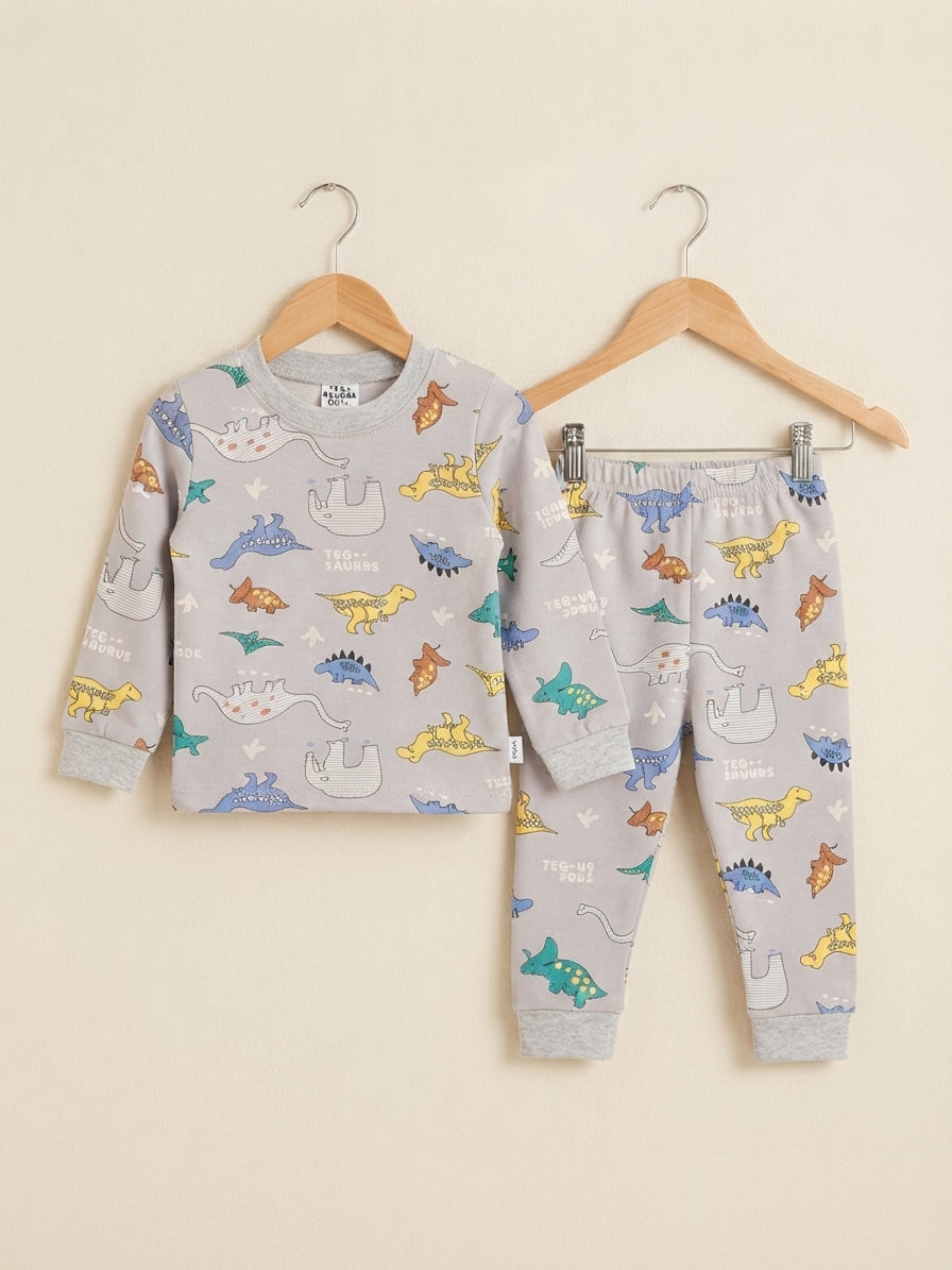 Soft Grey Cotton Dinosaur Print Sleepwear Pajama Set For Little Boys And Girls
