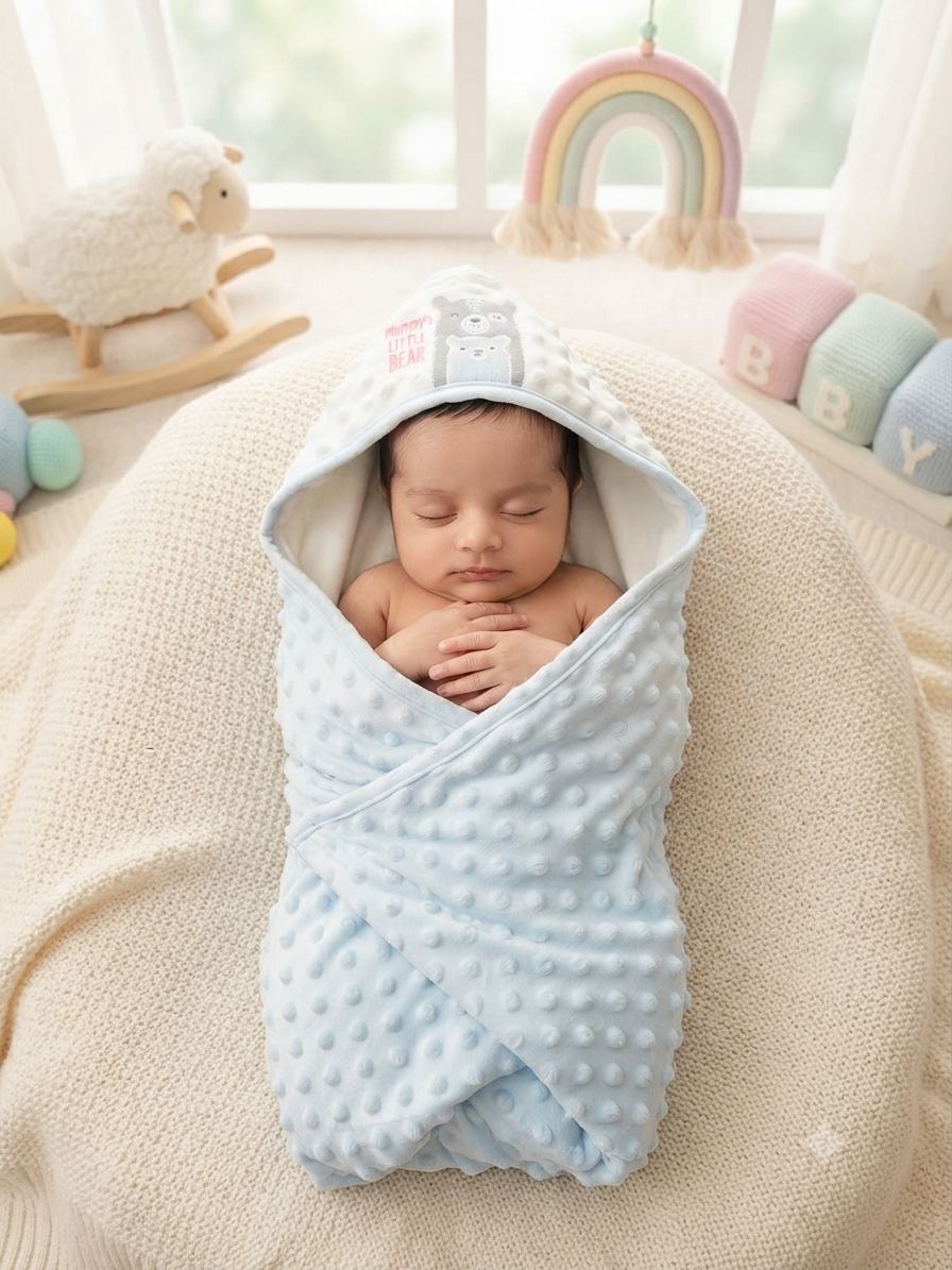 Soft Blue Textured Baby Swaddle Wrap and Hooded Bear Sleeping Bag Set