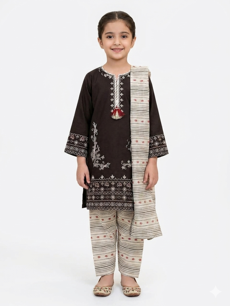 Girls Premium Embroidered Lawn Kurti Printed Trousers Dupatta Three Piece Traditional