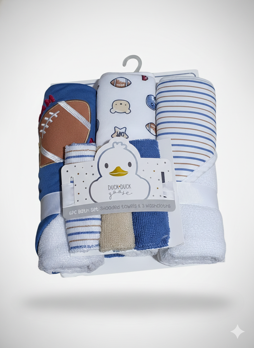 Duck Duck Goose Baby Boy 6-Piece Bath Set | 3 Hooded Towels 3 Washcloths | Sports Football