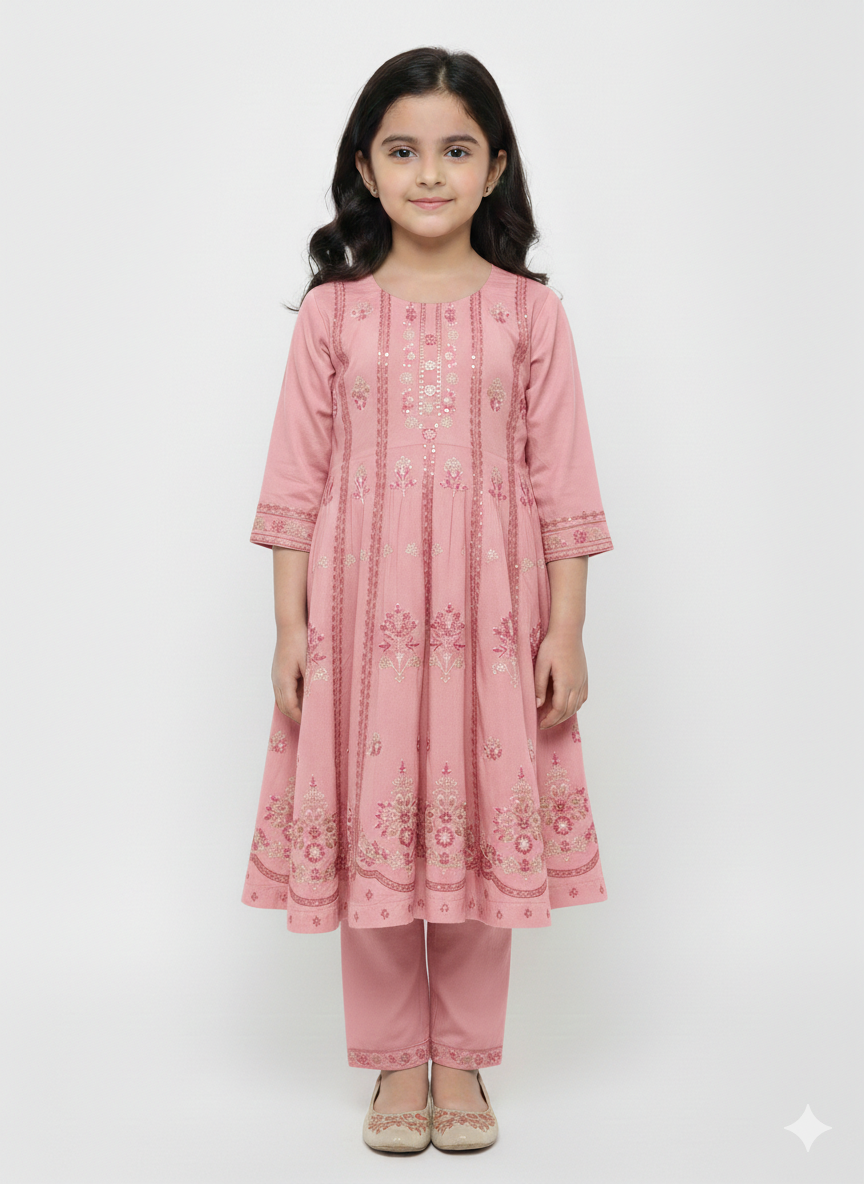 Elegant Girls' Embroidered Floral Anarkali Suit Set – Stylish Ethnic Wear in Pink and Lime