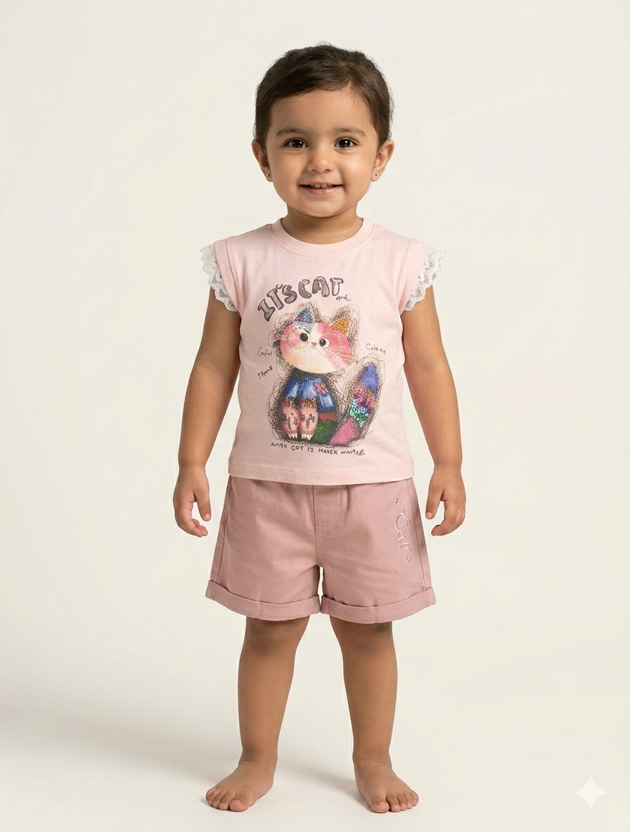 Toddler Girls' Two-Piece Cat Graphic T-Shirt and Rolled Cuff Shorts Cotton Summer Set