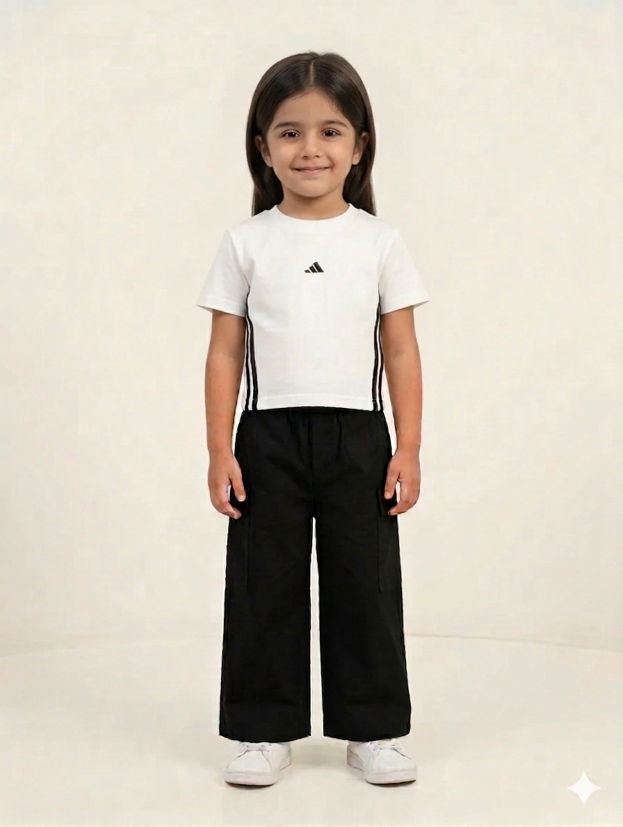 Girls White T-Shirt and Black Wide Leg Cargo Pants Two Piece Summer Outfit Set