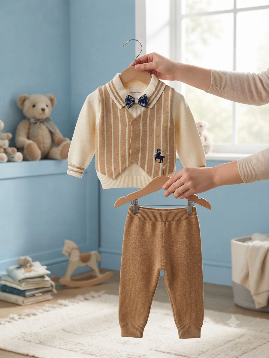 Elegant Grey Striped Vest Set With Matching Pants For Stylish Little Baby Boys Fashion
