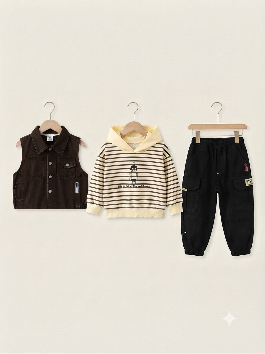 Stylish 3-Piece Kids Outfit Set Featuring Vest, Striped Hoodie, and Cargo Pants