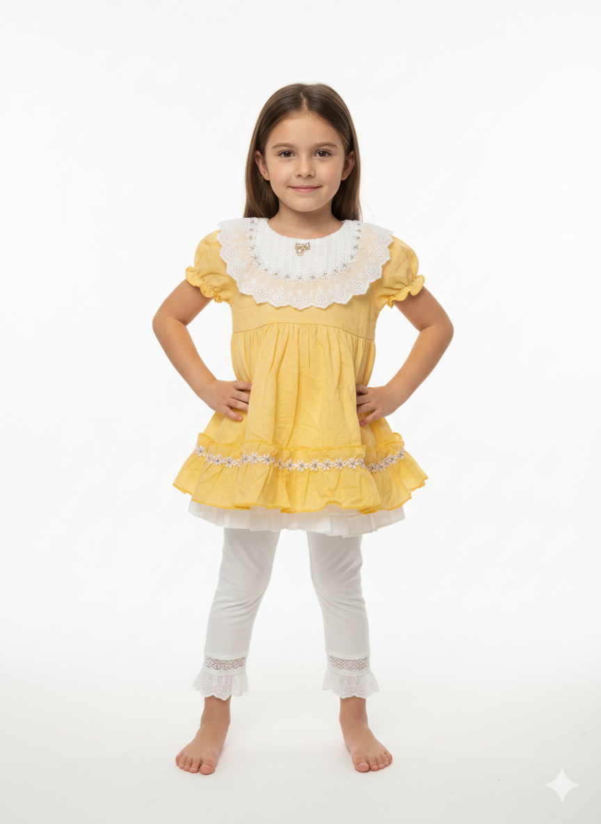 Girls' Sweet Lace Collar Tiered Cotton Tunic and Leggings Set - Charming Everyday Spring Outfit