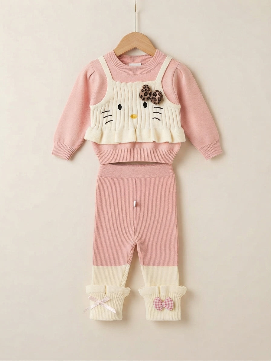 Cute Baby Girls Knitted Crewneck Shirt And Trouser Set With Cute Character Overlay