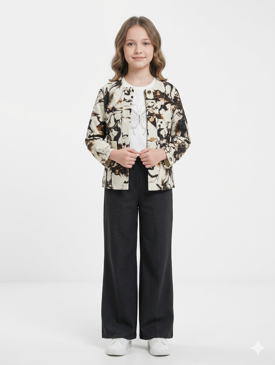 Girls' Elegant Marble Print Collarless Jacket and Wide-Leg Trousers Two-Piece Versatile Fashion Set