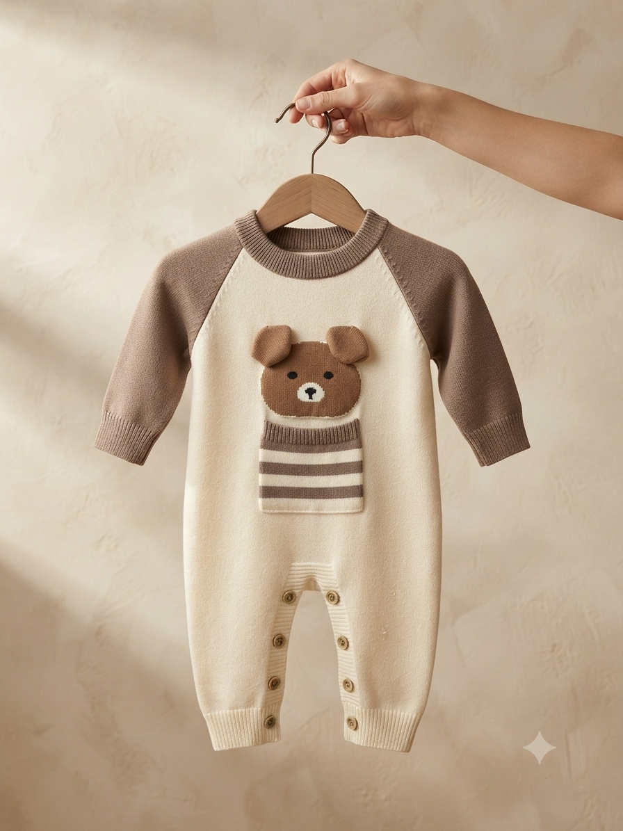 Cute Knitted Baby Bear Romper Soft Warm Cotton Onesie Jumpsuit For Newborn Toddler Clothes