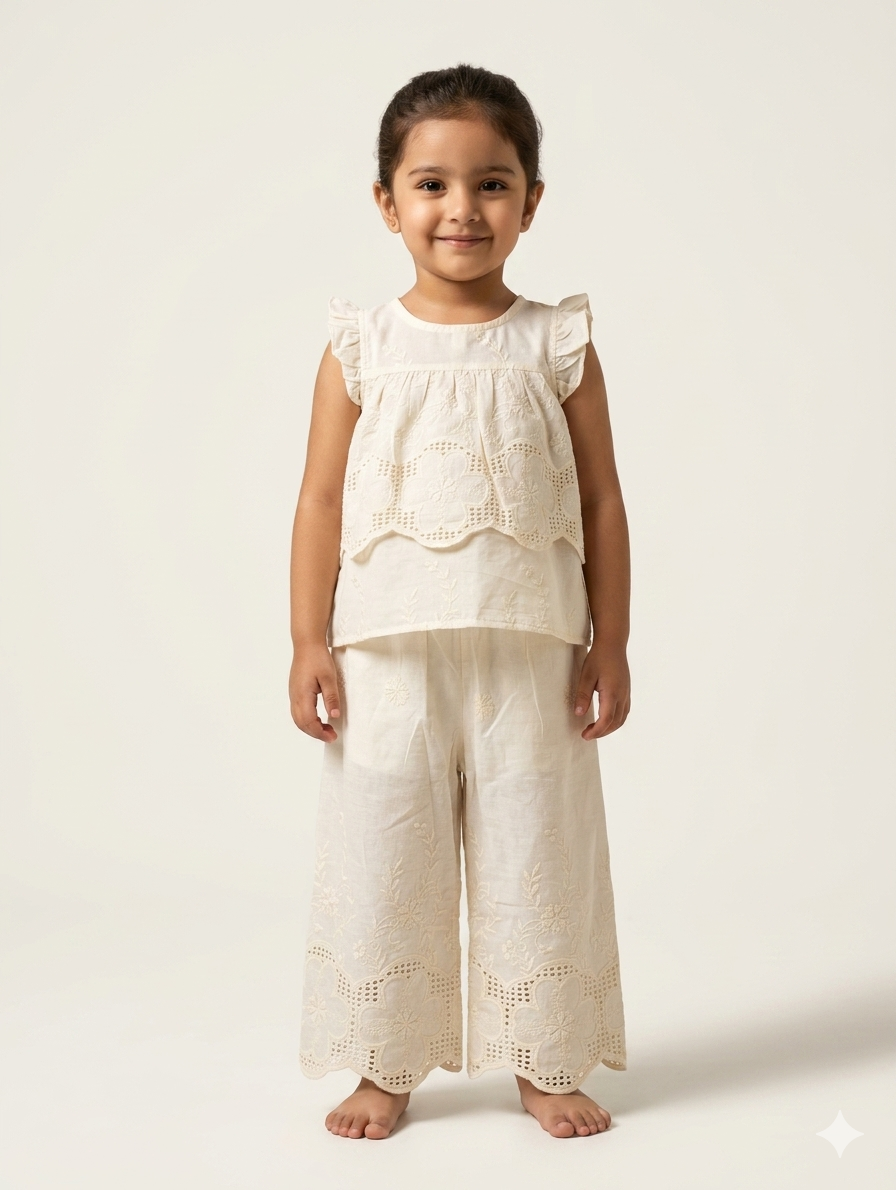 Girls Premium Off White Cotton Eyelet Embroidered Flutter Sleeve Top And Wide Leg Trouser Set