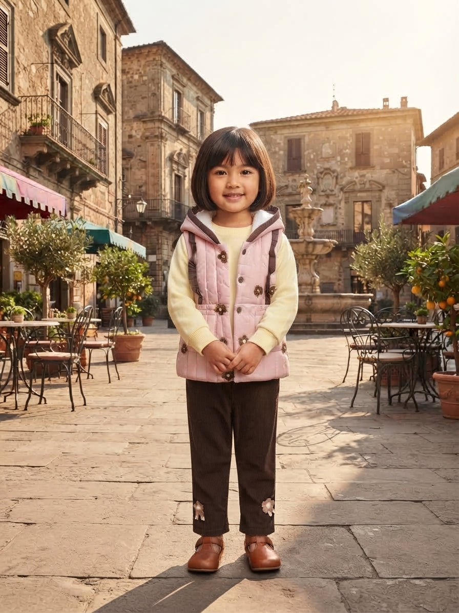 Cute Kids Floral Print Winter Outfit Set with Hooded Jacket and Matching Pants