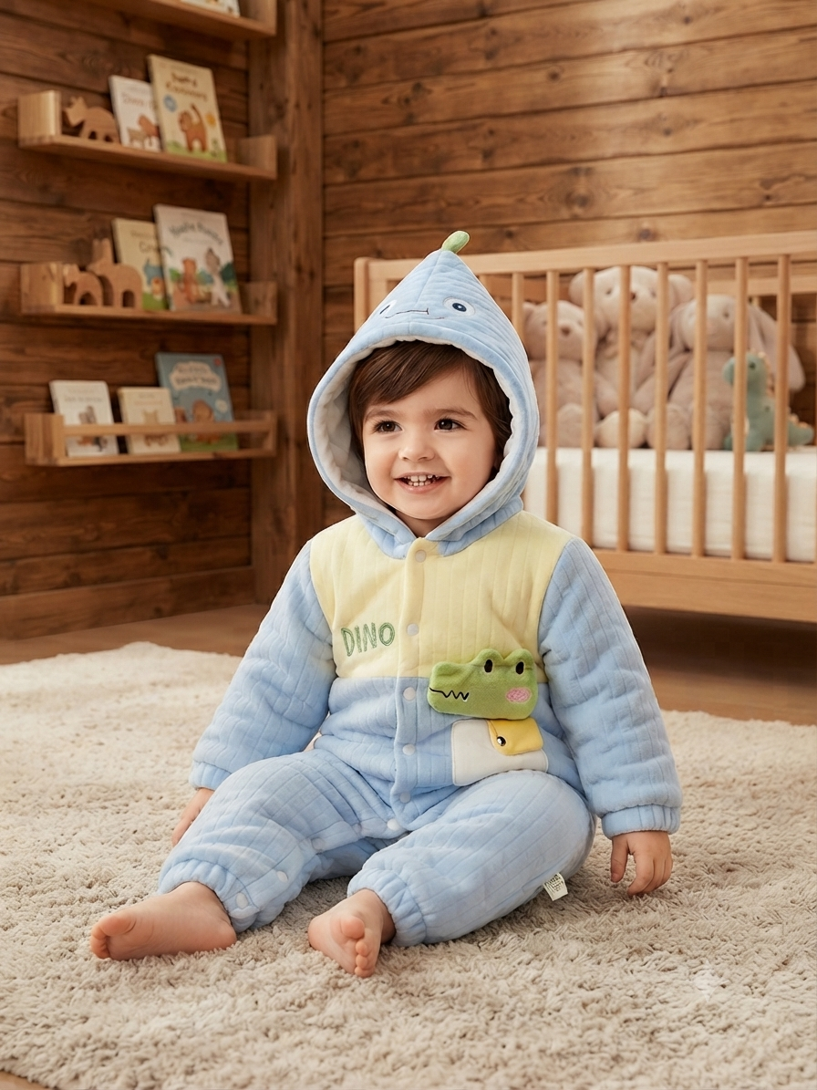 Cute Yellow Dinosaur Hooded Baby Romper Warm Fleece Winter Jumpsuit For Toddler Boys And Girls