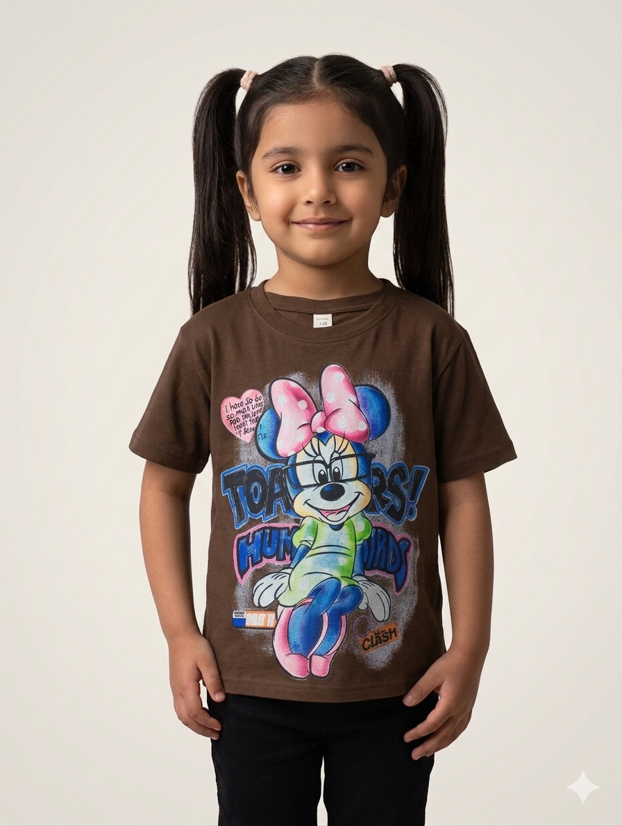 Girls Retro Mouse Graphic Tee - Fun Cartoon Character Short Sleeve Casual Cotton Fashion T-Shirt