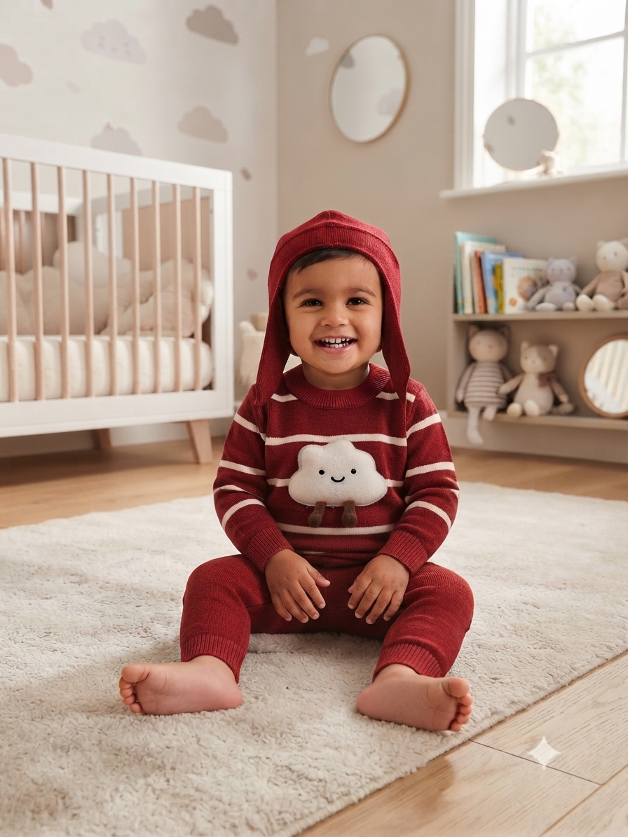 Kids Cute Striped Cloud Knit Sweater With Matching Bunny Ear Hat And Full Length Trouser Set