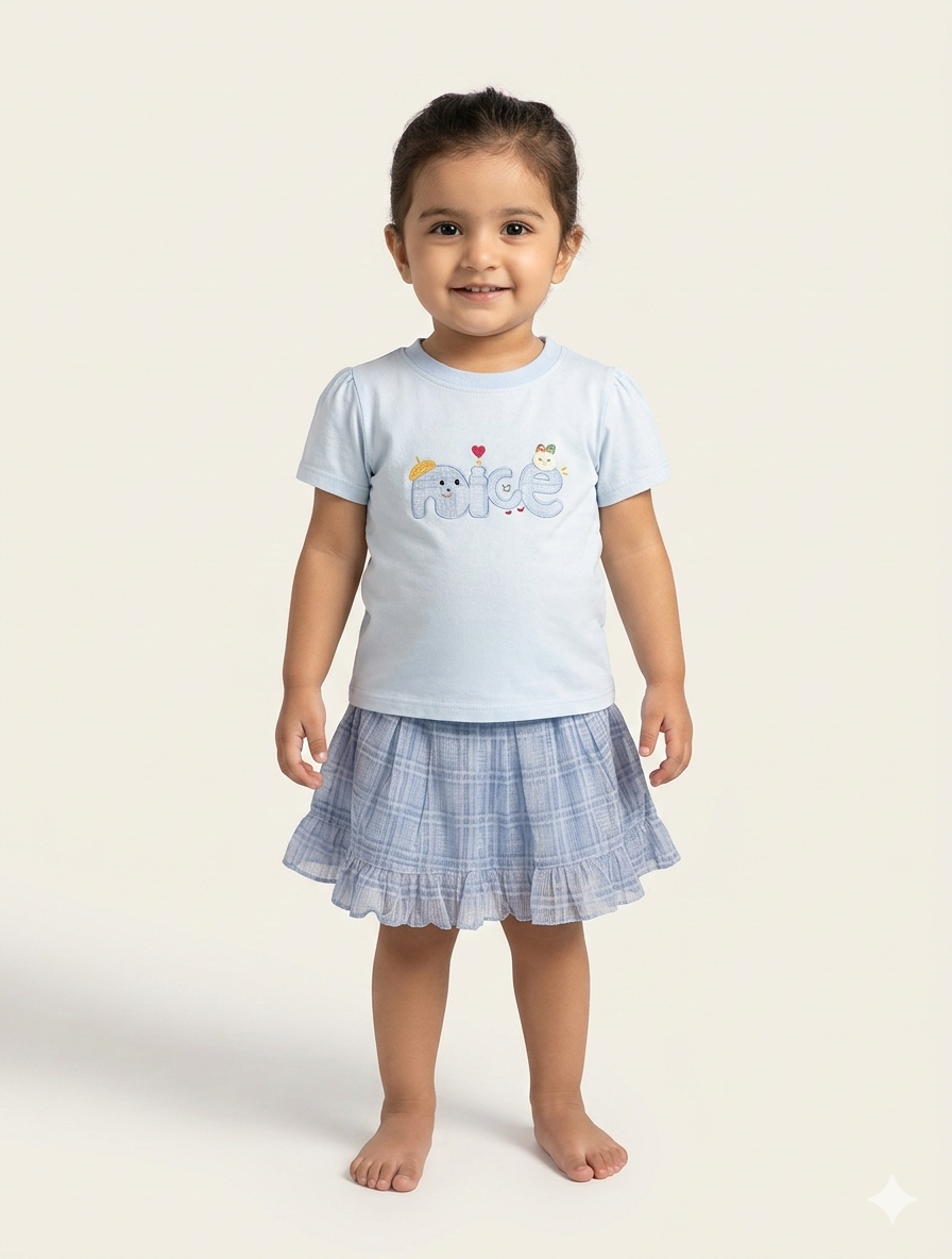 Toddler Girls' Cute Graphic T-Shirt and Plaid Ruffle Skirt Two-Piece Summer Outfit Set