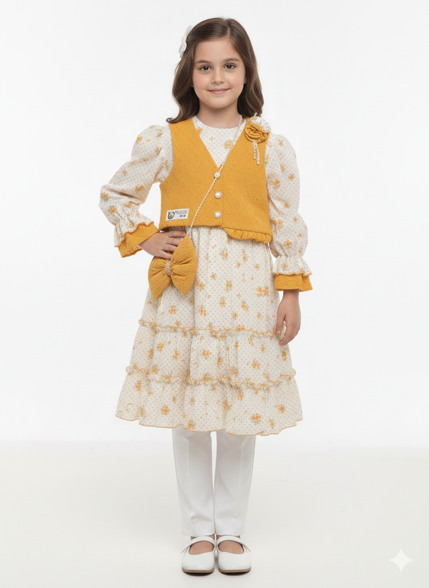 Girls' Elegant Floral Tiered Dress with Cropped Vest and Matching Bow Crossbody Bag Set