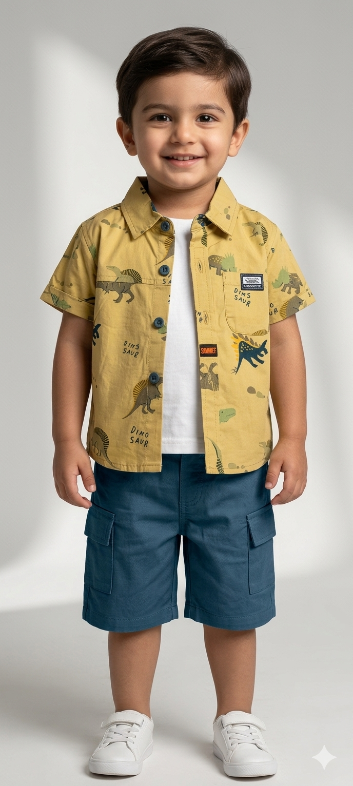 Toddler Boy Three-Piece Dinosaur Print Button-Down Shirt and Cargo Shorts Set in Multiple Colors