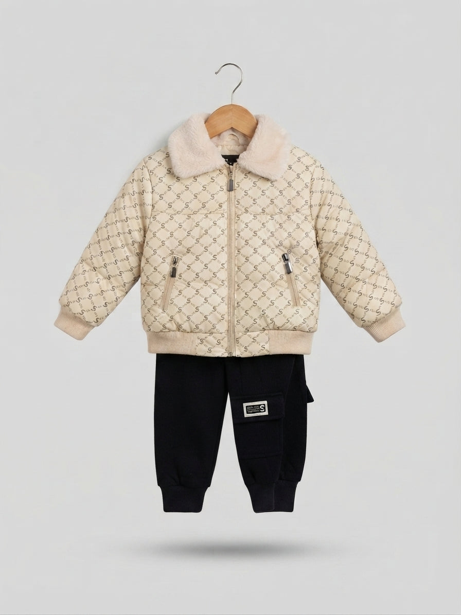 Stylish Cream Printed Winter Jacket With Fluffy Fur Collar And Matching Black Jogger Pants